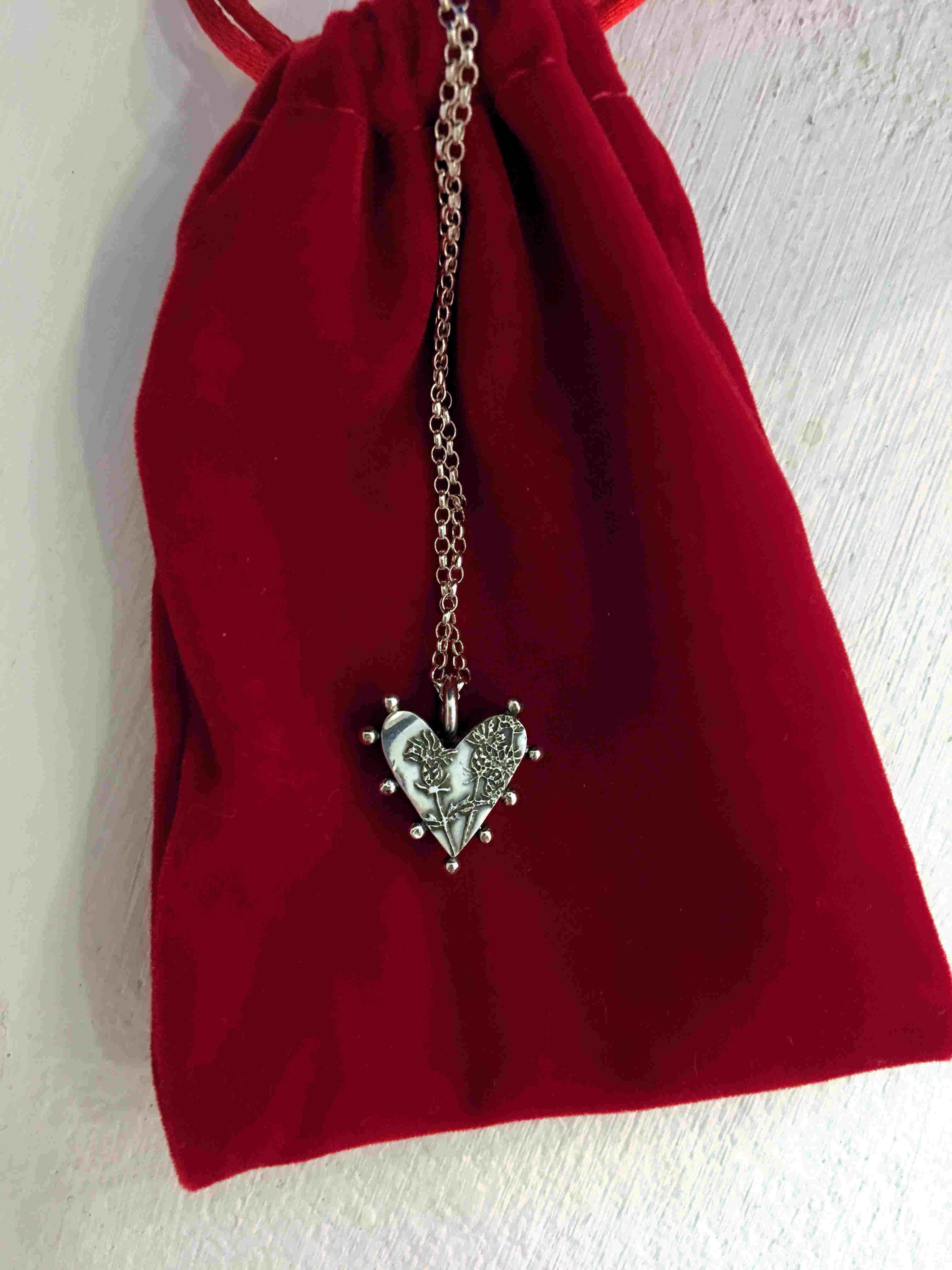 'Box Heart Necklace with Etched Thistles' by artist Carol Docherty
