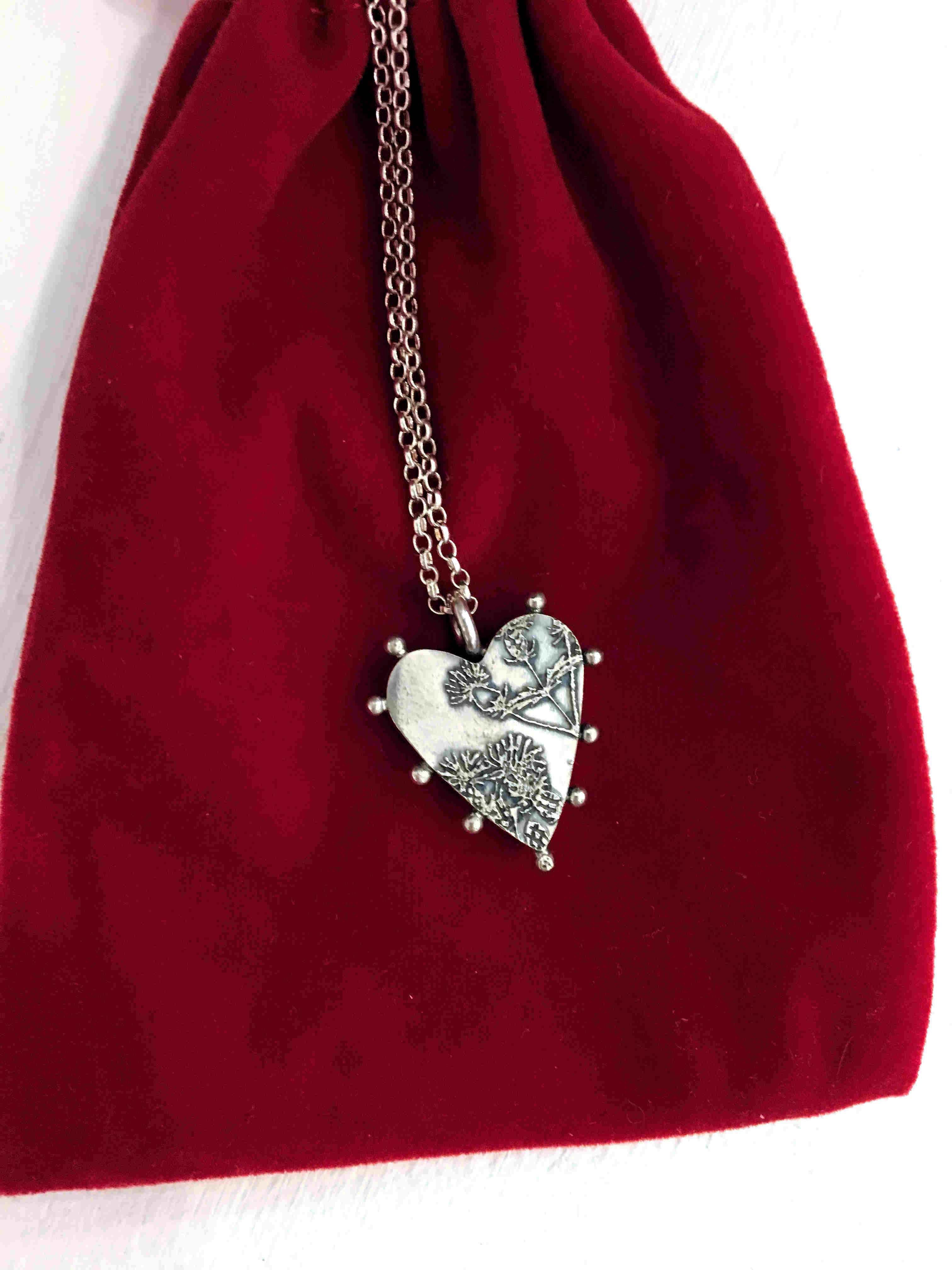 'Box Heart Necklace with Etched Thistles - size 2' by artist Carol Docherty