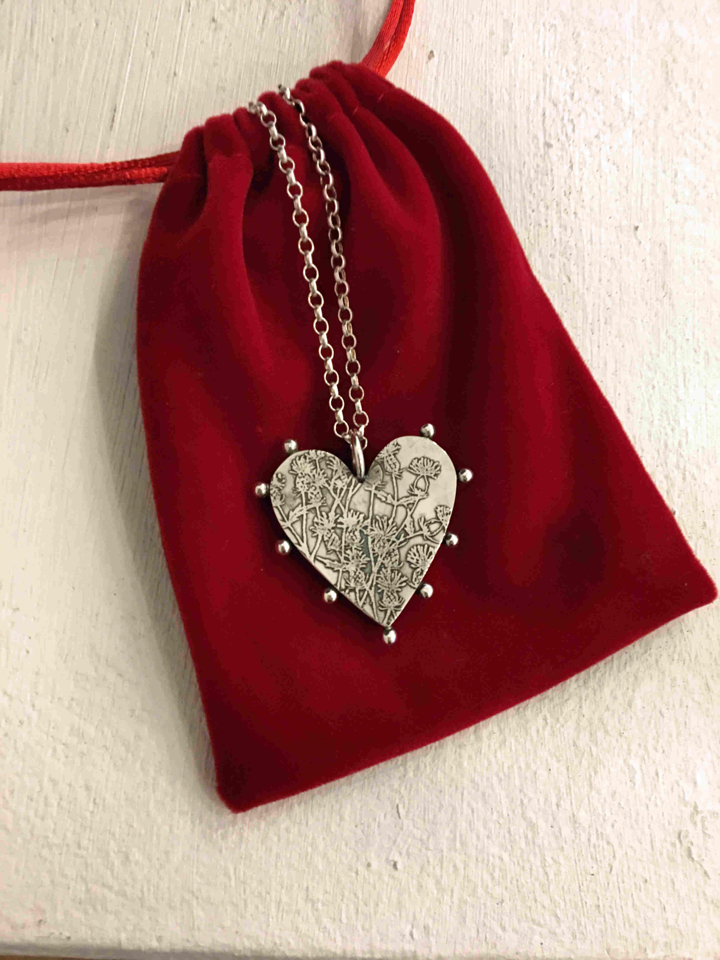 'Large Box Heart Necklace with Etched Thistles' by artist Carol Docherty