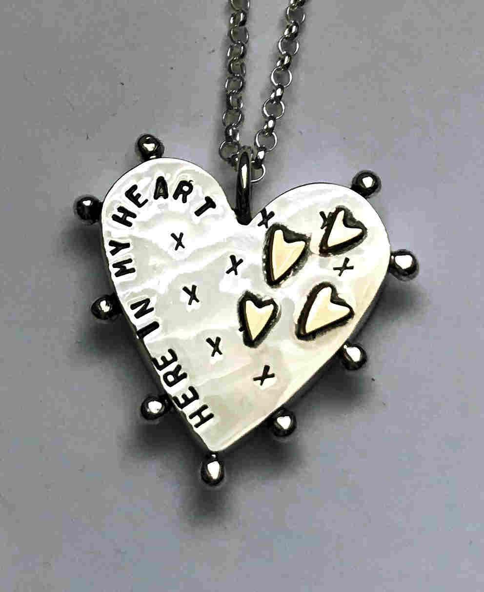 'Sterling Silver Box Heart Necklace HERE IN MY HEART with 4 9ct gold hearts: size 5' by artist Carol Docherty
