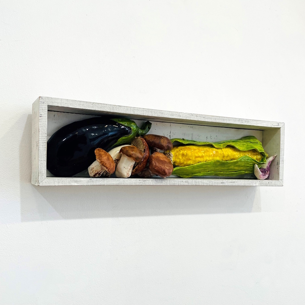 'The Pantry – Aubergine, Sweetcorn & Mushrooms' by artist Diana Tonnison