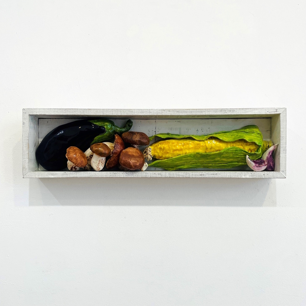 'The Pantry – Aubergine, Sweetcorn & Mushrooms' by artist Diana Tonnison